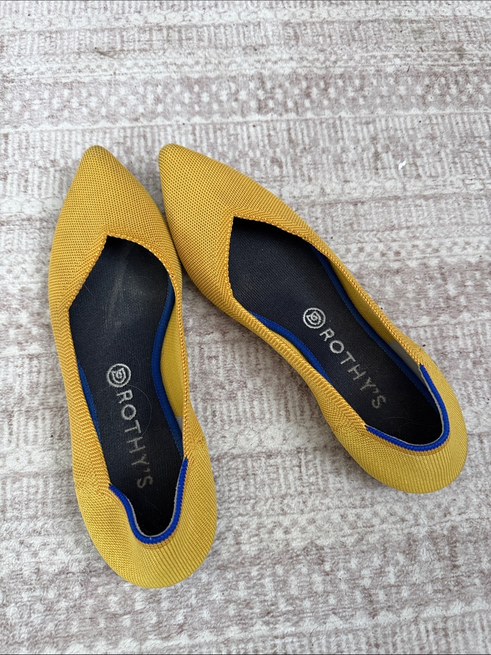 Rothy's Mustard Yellow Pointed Knit Flats with Blue Trim